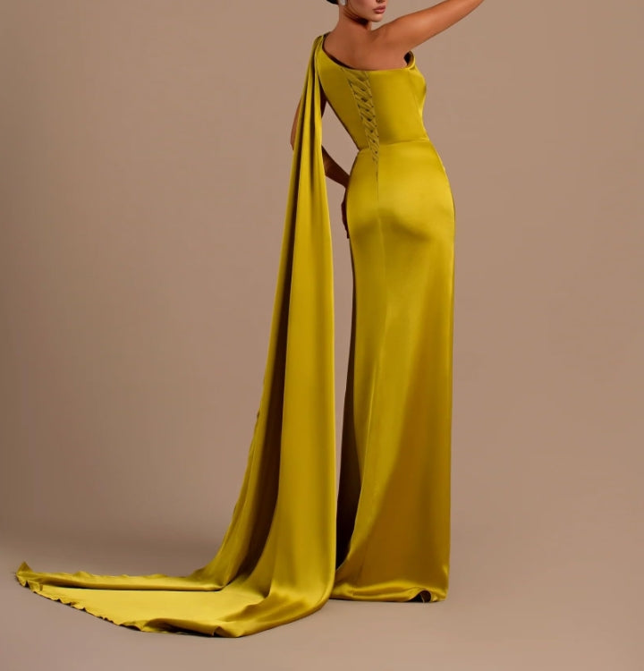 Women's One Shoulder Mermaid Prom Dresses Long Ball Gown Pleated Satin Formal Evening Dress with Slit